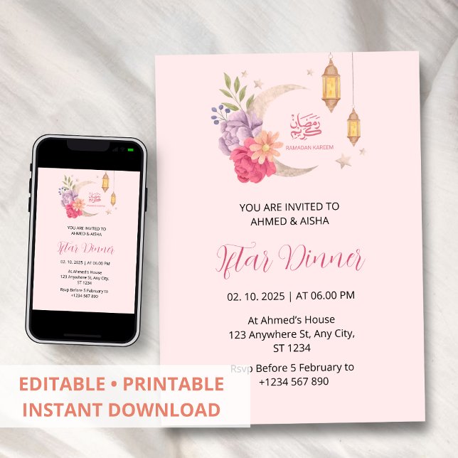 Iftar janto convite ramadan rosa com lua (Criador carregado)