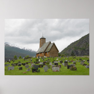 Igreja de escadas com cemitério na Noruega poster