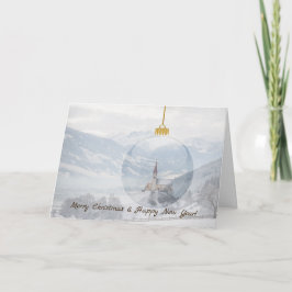 Igreja no inverno: cartão de natal de bola de vidr