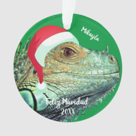 Iguana Verde no Ornamento Santa Hat