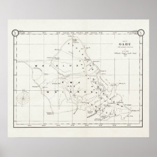 Ilha de Oahu, Havaí, poster 1887 do mapa do