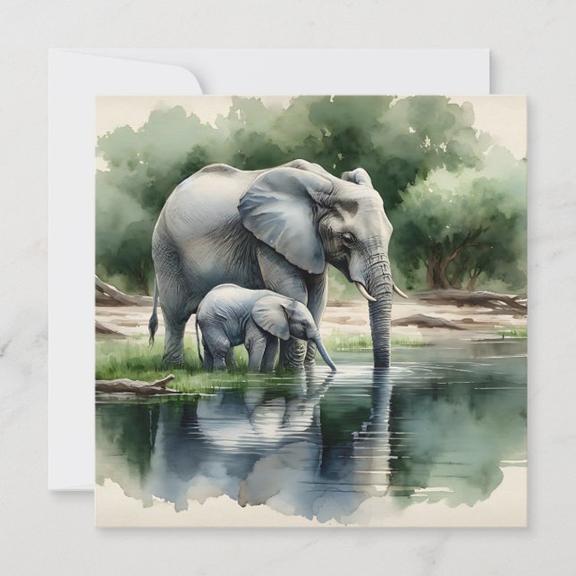 Ilustração de Aquarela de Mamãe e Elefante Bebê (Frente)