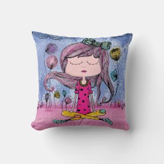 Ilustração de menina sonhadora em almofada decorat