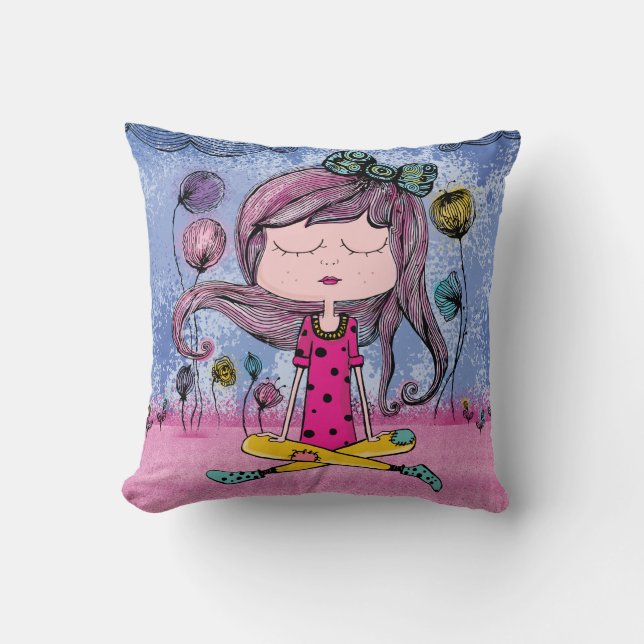 Ilustração de menina sonhadora em almofada decorat (Frente)