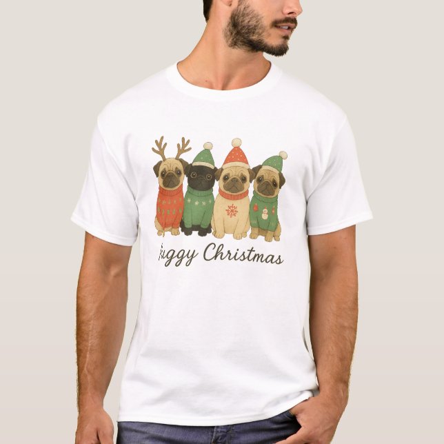 Ilustração de Natal de Pug Fofo em Suéter Festivo (Frente)