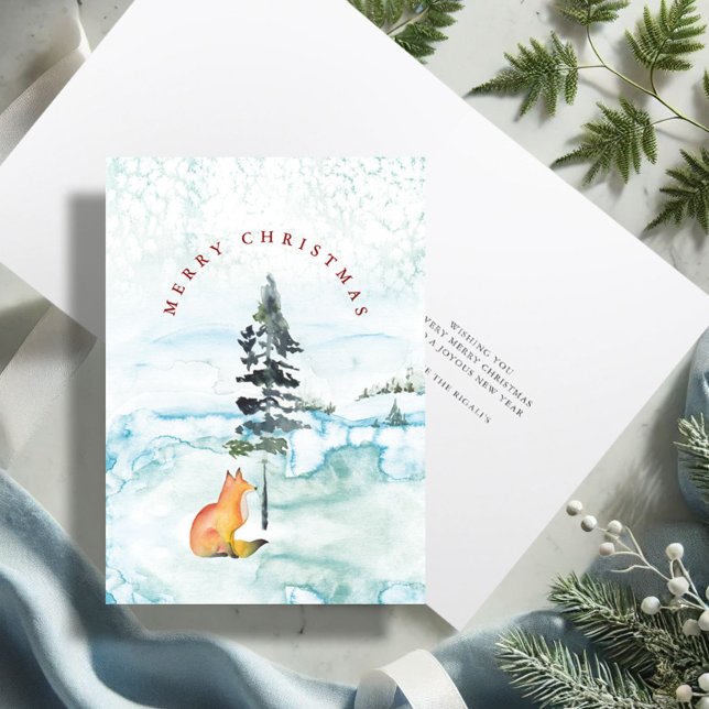 Ilustração de Raposa em Aquarela para Cartão de Na (Merry Christmas wishes watercolor fox holiday card with unique art by Victoria Grigaliunas)