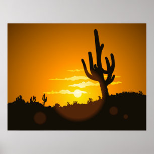 Ilustração de Vetor Sunset Cactus - Poster