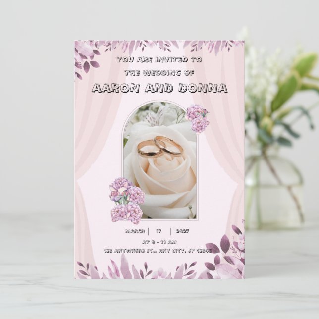 Ilustração Rosa Púrpura Convite para Casamento Flo (Em pé/Frente)