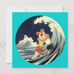 Ilustração Vintage de Amantes Surfistas Beijando