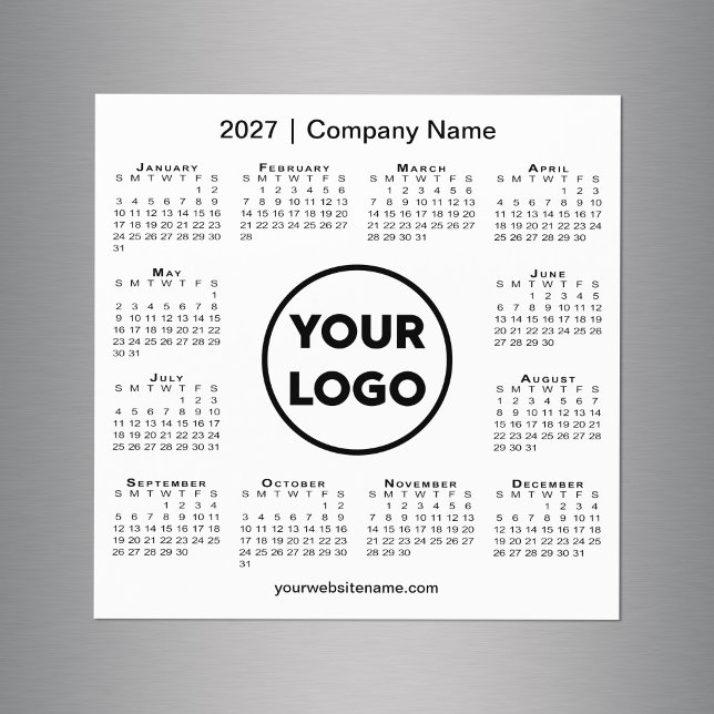 Ímã com Logo da Empresa de Calendário Moderno 2027 (Modern 2027 Calendar Company Logo White Magnet in situ)