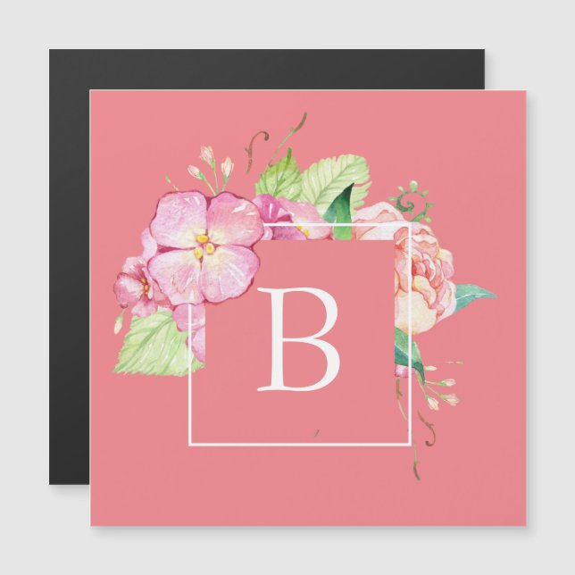 Ímã de água-forte rosa feminino com monograma (Frente/Verso)