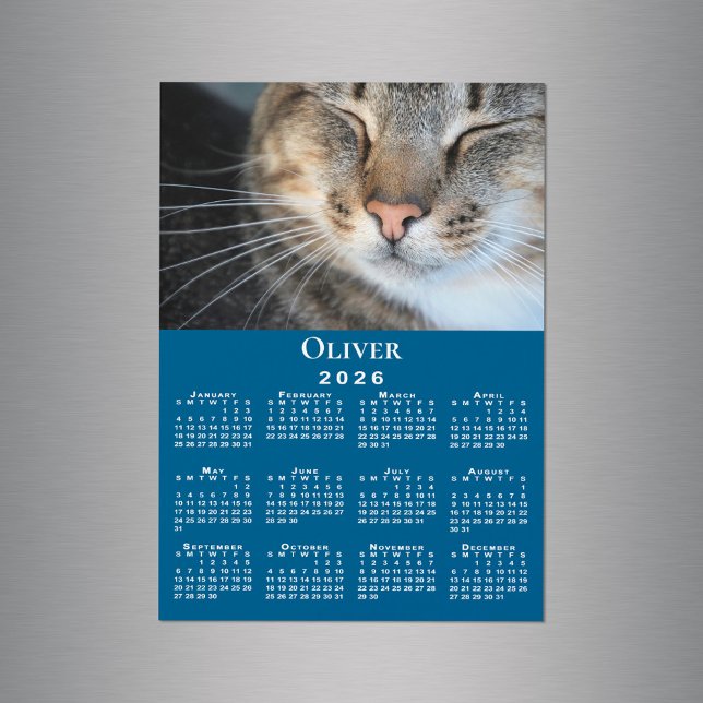 Ímã de Calendário 2026 com Nome de Foto de Pet Per (Custom Pet Photo Name 2026 Calendar Blue Magnet in situ)