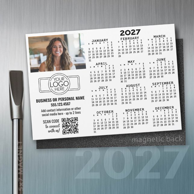 Ímã de Calendário 2027 -- logotipo, Código QR, Fot (2027 Calendar on a magnet)