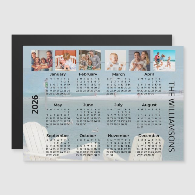 Ímã de calendário de praia com 6 fotos de 2026 (Frente/Verso)