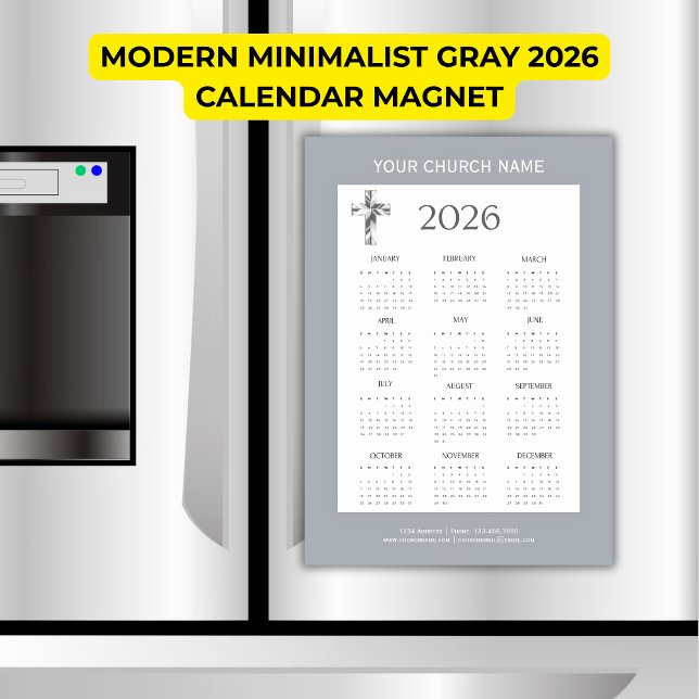 Ímã de Calendário Minimalista Cinza 2026 (Modern Minimalist Gray 2026 Calendar Magnet)