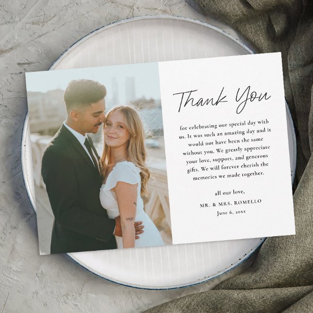 Ímã de cartão de agradecimento de casamento em fot (Simple Modern Script Black and White Wedding Photo Thank You Magnetic Card.)