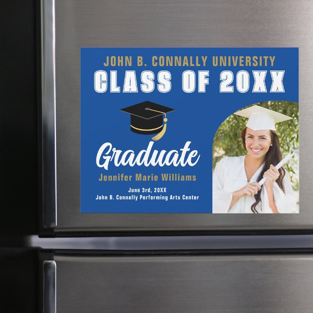 Ímã de Cartão de Formatura Branco Azul Foto de Gra (Criador carregado)