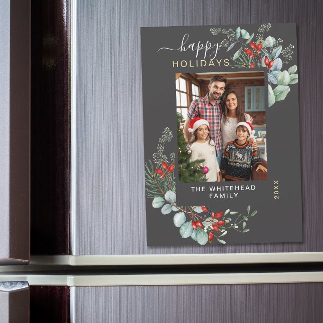 Ímã de cartão de foto de Natal botânico cinza mode (You will love these beautiful Christmas cards! They feature botanical watercolor pine and berries.)