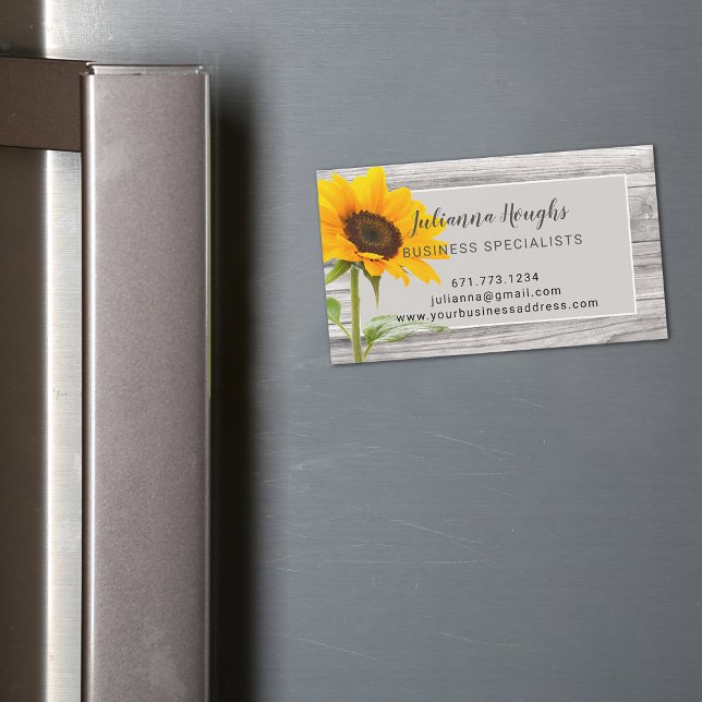 Ímã de cartão de negócios de girassol em impressão (Rustic Wood Print Sunflower Business Magnet Card)