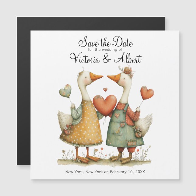 Ímã de Casamento Salve a Data Casal de Gansos Fofo (Frente/Verso)
