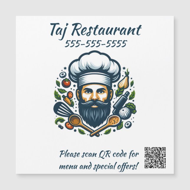 Ímã de Código QR de Restaurante Chef Editável (Frente)