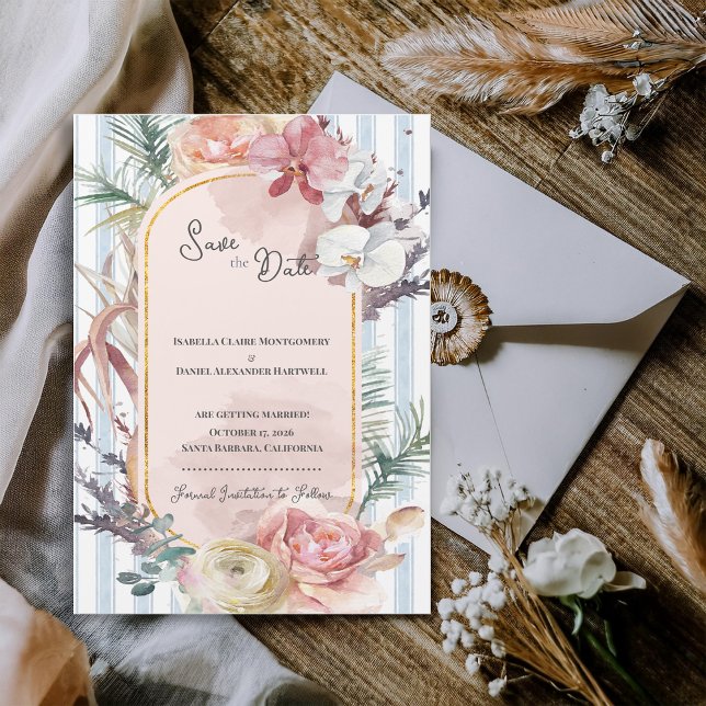 Ímã de Data de Casamento com Arco de Orquídea Trop (Tropical Orchid Arch Save the Date Magnet | Blush Floral Beach Wedding Announcement)