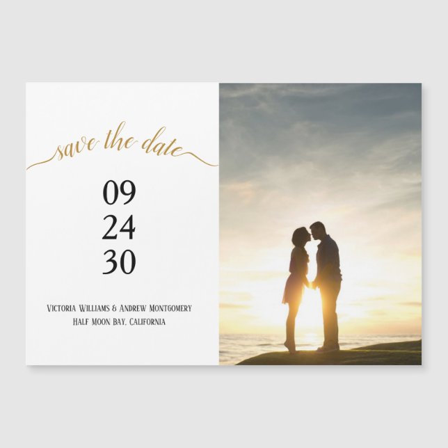 Ímã de Foto de Data de Casamento com Letra Dourada (Frente)