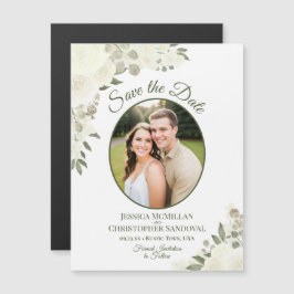 Ímã de Foto Oval de Save the Date Floral Branco Ma