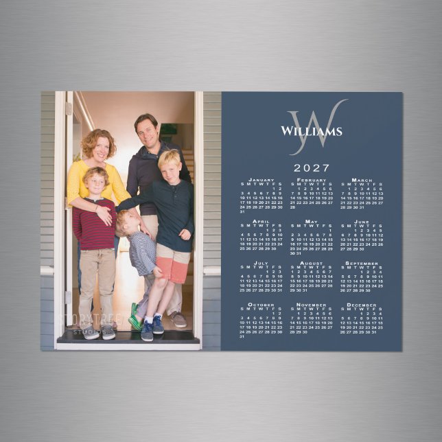 Ímã de Monograma de Nome de Calendário de 2027 com (Your Photo 2027 Calendar Monogram Name Navy Magnet in situ)