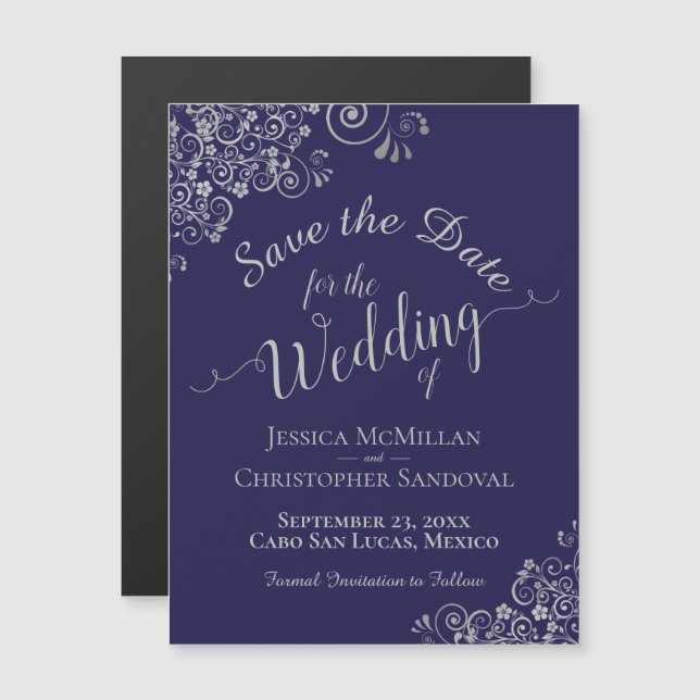Ímã de Salvar a Data de Casamento Azul Marinho e P (Frente/Verso)