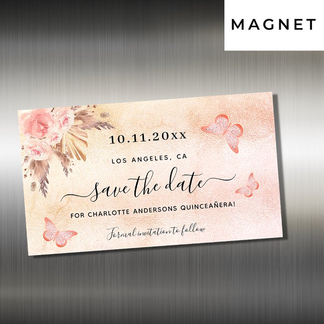 Imã salve a data da borboleta Quinceanera pampas (Criador carregado)
