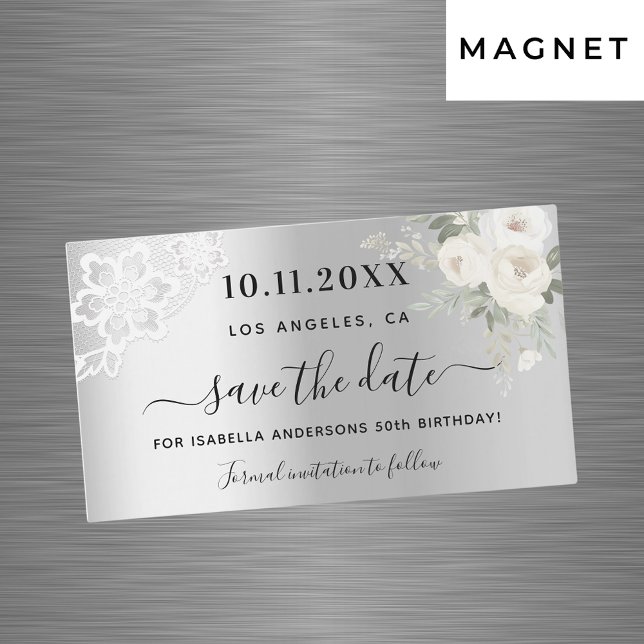 Imã salve a data de aniversário de renda branca de (Criador carregado)