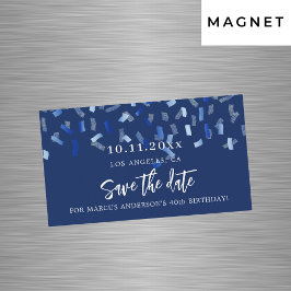 Imã salve a data de confete azul marinho de aniver