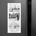 Imagem de Banda Fotográfica Negra e Branca de Casa<br><div class="desc">Favoritos personalizados de íman de casamento projetados como uma faixa de fotos e personalizados com 3 fotos do casal. Design em preto e branco (para alterá-lo,  clique no botão para editar o design) com nomes personalizados e a data do casamento.</div>