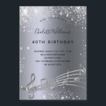 Imagem de convite para notas de prata de aniversár<br><div class="desc">Uma placa de convite de festas moderna e moderna e o lembrete Save the Date. Um fundo escuro,  azul,  prateado,  com notas musicais,  letras negras coloridas. Decorado com pó de brilho falso. Personalize e adicione um nome e informações da parte.</div>