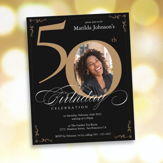 Imagem Dourada negra Orçamento 50º Aniversário (Budget 50th Birthday Black Gold Photo Invitation)