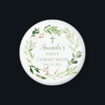Íman 1º Magnet da Primeira Comunhão Verde Suave<br><div class="desc">Bonita mão pintada com design de aquarela apresentando uma coroa verde macia e cruz.</div>