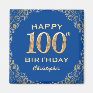 Íman 100th Birthday Party Blue and Gold Glitter Frame
