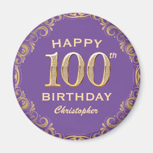Íman 100th Birthday Party Purple and Gold Glitter Frame