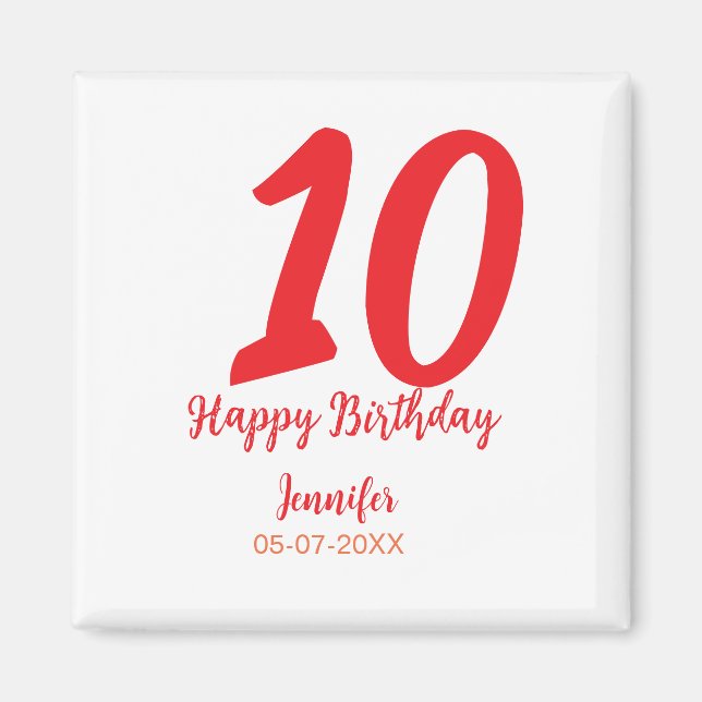 Íman 10.º aniversário adicionar nome data ano vermelho  (Frente)