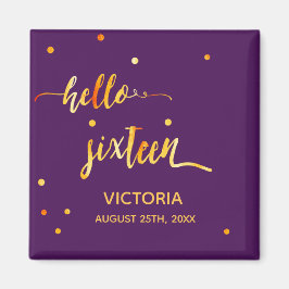 Íman 16.º aniversário dourado roxo alô 16 datilografia