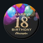 Íman 18º Balões Festas de aniversário Pretos e Dourados<br><div class="desc">18ª Festa de aniversário,  Balões Dourados e Coloridos e Imã Confetti. Para mais personalização,  clique no botão "Personalizar" e use nossa ferramenta de design para modificar este modelo.</div>