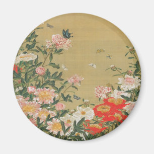 Íman 1. 芍薬群蝶図, flor do 若冲 e borboleta, Ja