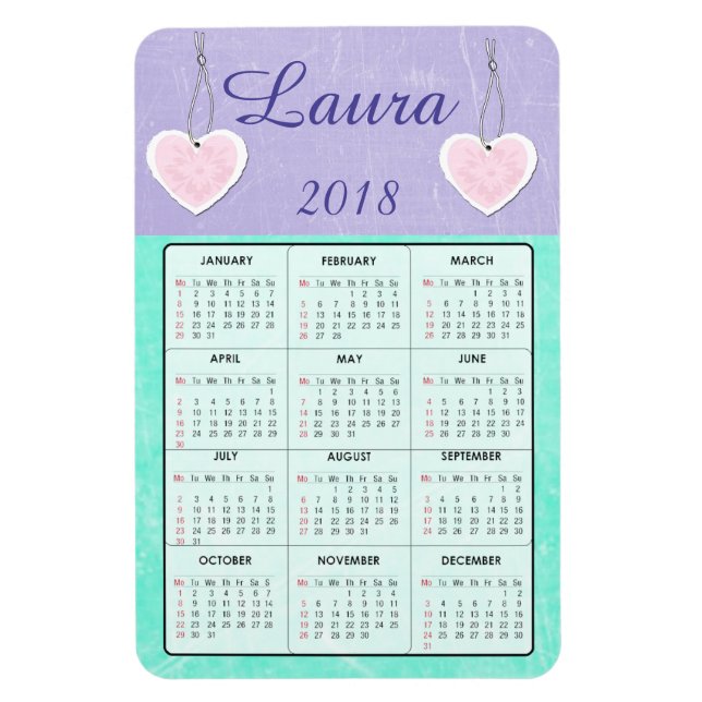 Íman 2018 Magnet de Nome do Mini Calendário Roxo e Teal (Vertical)