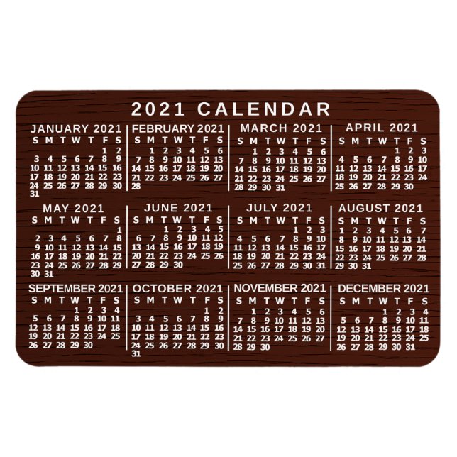 Íman 2021 Ano Calendário Mensal Madeira Marrom Grãos Si (Horizontal)
