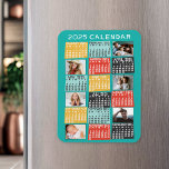 Íman 2025 Ano de Colagem de Fotos de Calendário Mensal<br><div class="desc">Este calendário mensal personalizado de 2025 anos tem um visual geométrico moderno do século médio com blocos de cores assimétricos e tipografia de estilo papel recortado. Use as modelos fáceis para adicionar seis de suas fotos favoritas (trabalho horizontal melhor, mas todas as formas se ajustarão automaticamente para ajustado dos quadros)....</div>