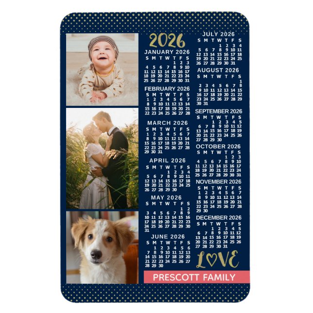 Íman 2026 Calendar Navy Coral Gold Family Photo Collage (Vertical)