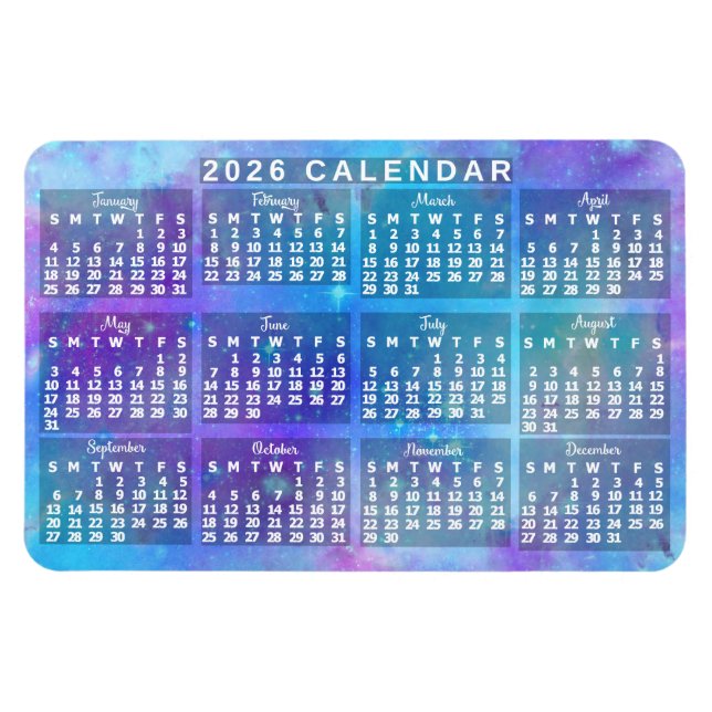 Íman 2026 Year Monthly Calendar Blue Watercolor Stars (Horizontal)