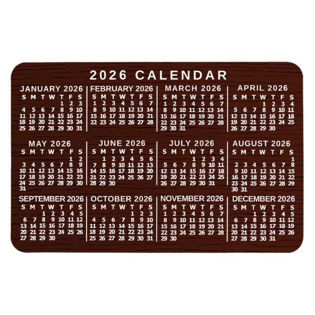 Íman 2026 Year Monthly Calendar Brown Wood Grain Simple (Horizontal)