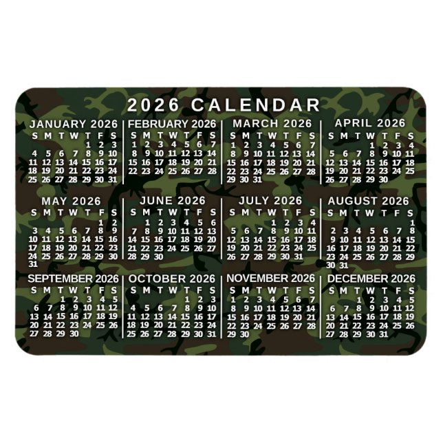 Íman 2026 Year Monthly Calendar Camouflage Camo Green (Horizontal)